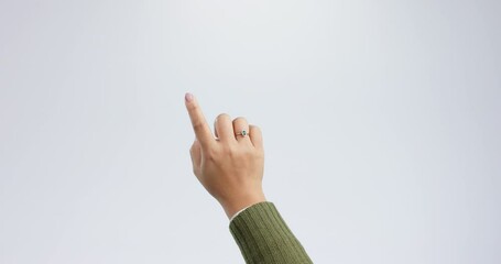 Finger, click and swipe with touchscreen button, press and interactive on a white studio background. Closeup, person and hand with dashboard, app and technology with user touching a virtual interface - Powered by Adobe