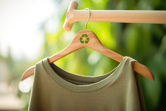 Green dress on clothes hanger with recycling symbol on blurred background, closeup