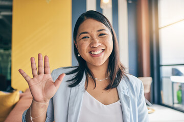Portrait, video call and happy business woman wave hello in communication, online meeting or...