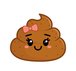 Poop cute girl with pink bow. Character, icon, face. Kawaii cartoon vector