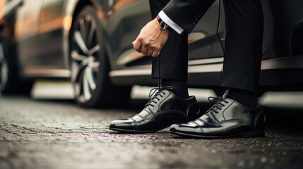 Elegant male black shoes getting out of a fancy black car close up  - Powered by Adobe