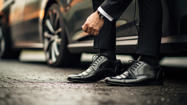 Elegant male black shoes getting out of a fancy black car close up 