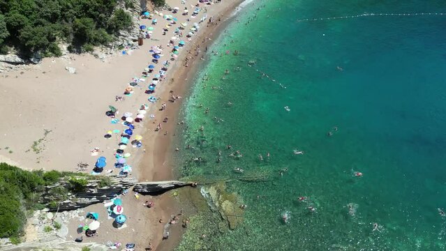 Queen's Beach ( Kraljichina Beach ) in Canj, Montenegro. Aerial view of paradise tropical beach, surrounded by green hills. Montenegro. Balkans. Europe.