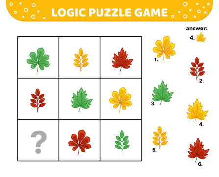 Maple, chestnut and rowan leaves. Logic puzzle game For kids Cartoon vector