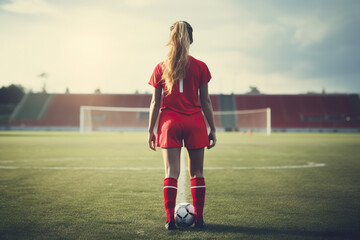 Back view of  young female soccer player in red jersey and red shorts on the stadium