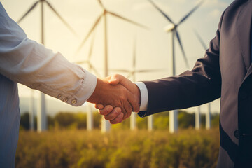 Cropped closeup of a handshake between two businessmen with a wind turbines background 