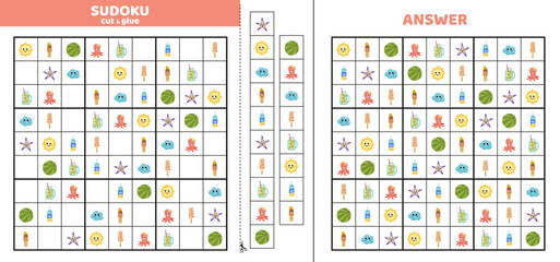 Sudoku with nine subjects of tropical summer. Game puzzle for kids. Cut and glue. Cartoon