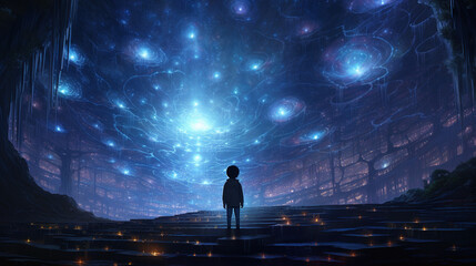 Obraz premium The Connection: The alien ship begins to communicate with the children through the lights, forming intricate patterns that intrigue and mesmerize them