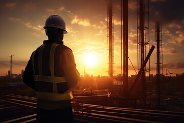 Silhouette of a construction worker inspecting a project at a construction site background at sunset.