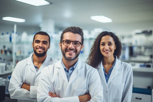 Medical science laboratory with successful team of scientists Group of happy american doctors at hospital