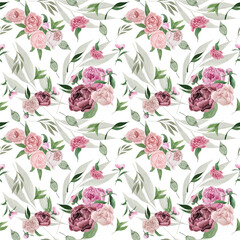 Watercolor floral seamless pattern. Peonies and leaves isolated on pink background. Hand drawn elements for designing papers, textile and packaging.