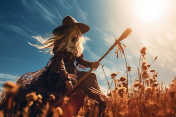 Foto auf Acrylglas Witch is getting ready to fly on broom. Beautiful scene with blonde witch in autumn field. Sunny and sky blue background. © Santijago