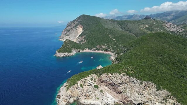 Queen's Beach ( Kraljichina Beach ) in Canj, Montenegro. Aerial view of paradise tropical beach, surrounded by green hills. Montenegro. Balkans. Europe.
