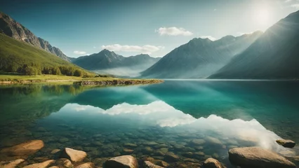 Wanddecoratie Huisarts Landschaft, Bergsee, Berge, klares Wasser, Sonnenschein, Spiegelung, Motivation  © RonnyW