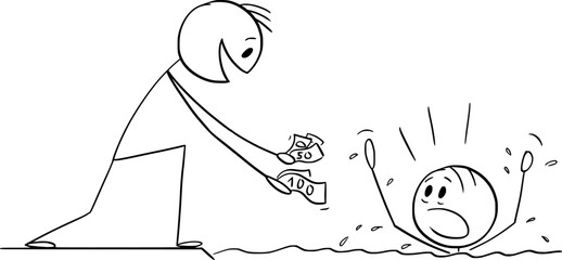 Giving Money Instead of Help, Vector Cartoon Stick Figure Illustration
