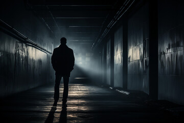 Man standing in corridor black and white.