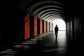Black and white silhouette man in empty corridor.