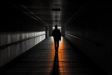 Black and white silhouette man in empty corridor.