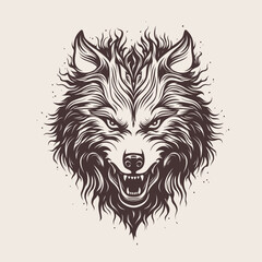 Hand drawn engraving style angry wolf head. Gothic beast tattoo design.