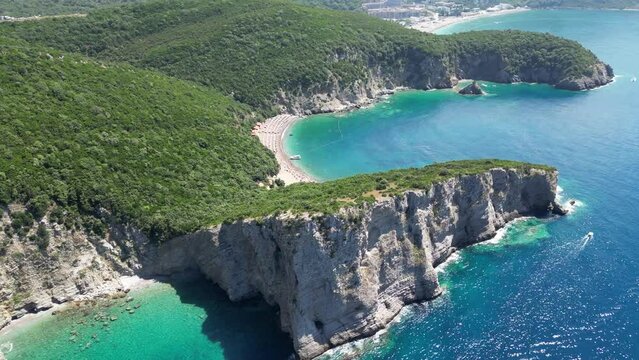 Queen's Beach ( Kraljichina Beach ) in Canj, Montenegro. Aerial view of paradise tropical beach, surrounded by green hills. Montenegro. Balkans. Europe.