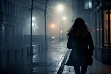 Woman walks down the street in dark.