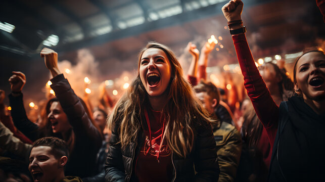 Happy young adult sports fans cheering their team in stadium. Crowded audience at international sports event cheers loudly while watching match - Powered by Adobe