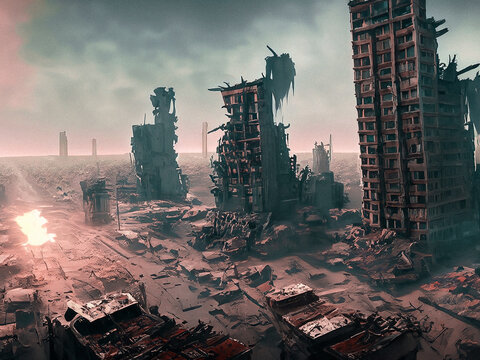 Ciudad postapocal&iacute;ptica devastada por la radiaci&oacute;n estilo Fallout y Mad Max