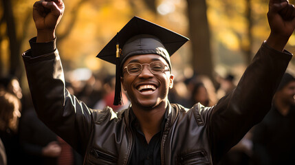 Happy african american male student graduate, excited young adult graduated raised his hand