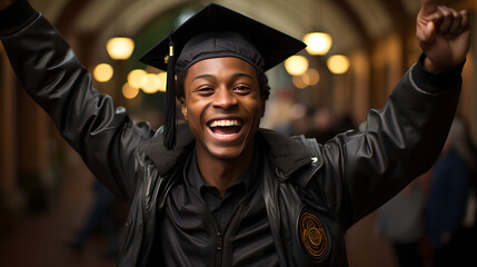 Fototapeta premium Happy african american male student graduate, excited young adult graduated raised his hand