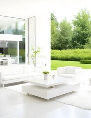 Fototapeta na wymiar Modern white interior with beautiful backyard view. Home living room design