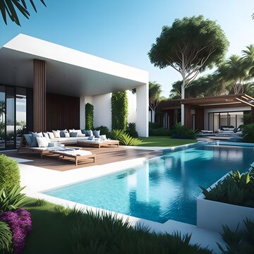 Modern luxurious resort with bea a beautiful backyard view and with swimming pool design

