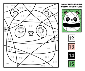 Fototapeta premium Panda. Solve the problem, color the picture. Addition, Subtraction Coloring book Vector