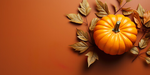 A Pumpkin is surrounded by autumn leaves on an Brown background in the style of minimalist backgrounds