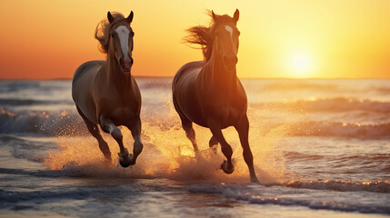 Two horses running on the beach at sunset. 