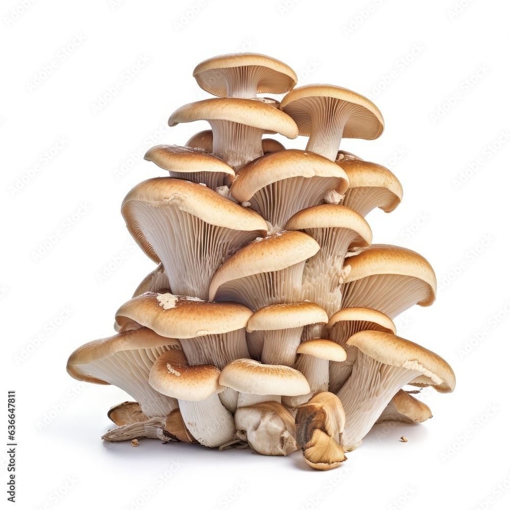 Poster oyster mushrooms isolated on a white background. created with generative ai technology.