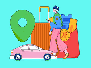 Flat vector concept operation hand-drawn illustration of people taking a taxi
