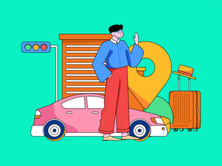 Flat vector concept operation hand-drawn illustration of people taking a taxi
