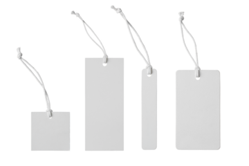 Various shape of blank white paper label or cloth tag set isolated on white, transparent background, PNG. Price tag mockup template with copy space for brand, information. Shopping, black friday sale