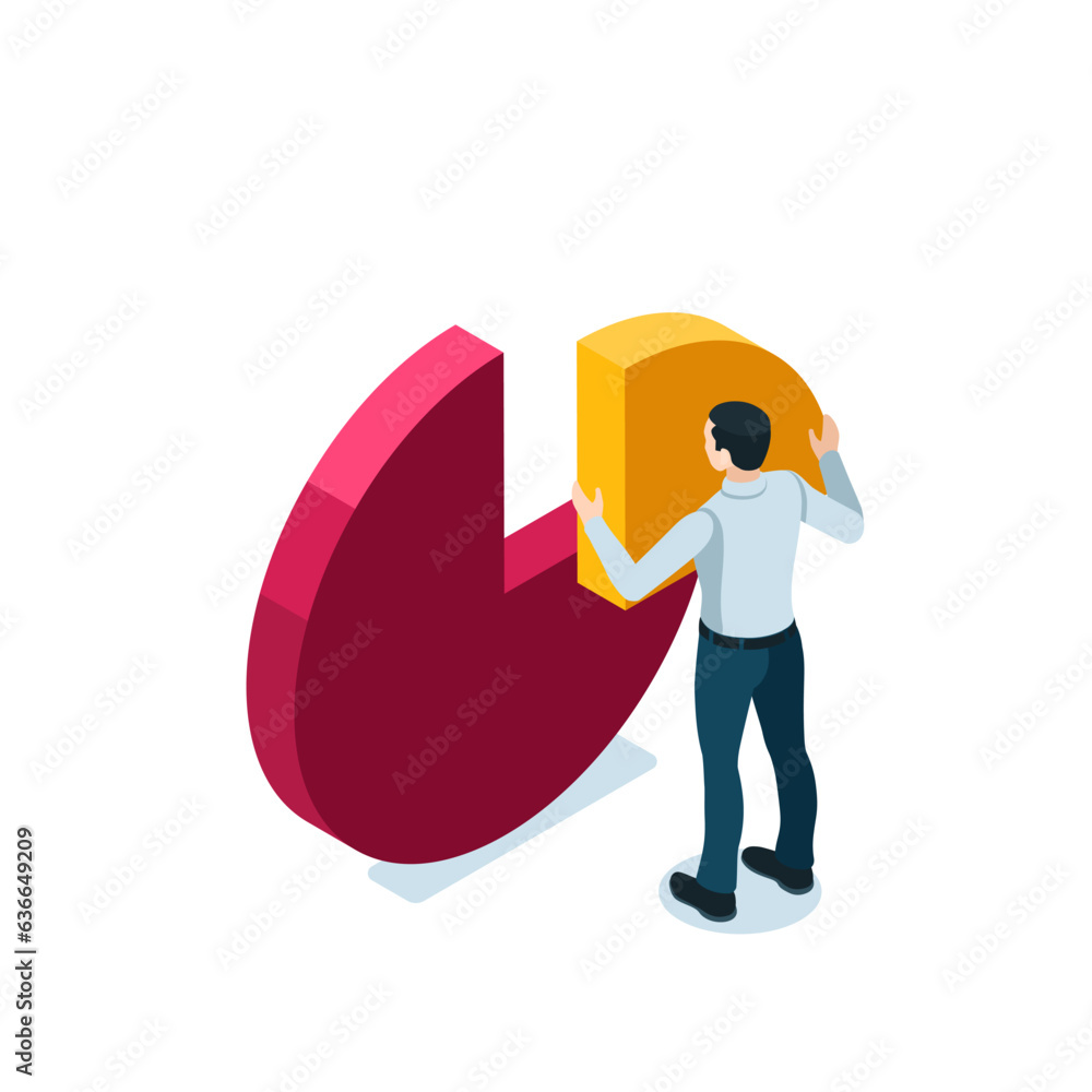 Poster isometric man holding a piece of a pie chart in color on a white background, work with statistical d