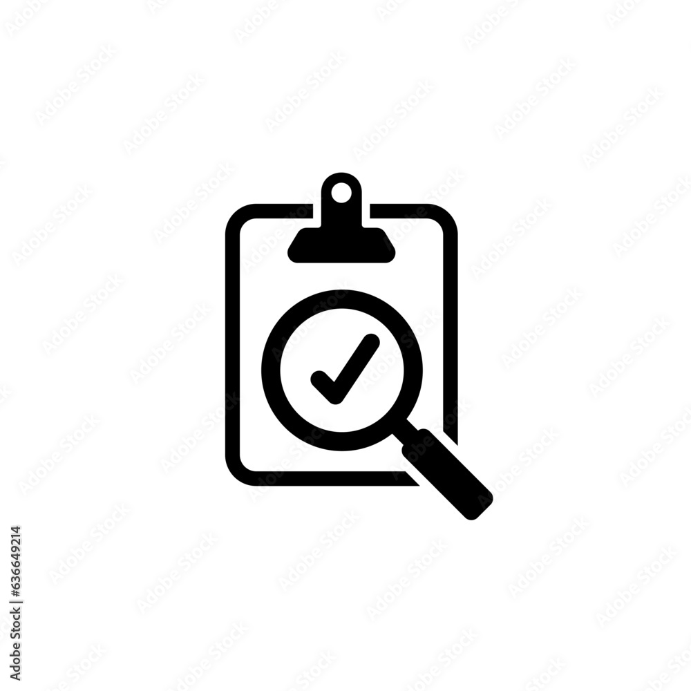 Poster tablet and magnifying glass icon with a checkmark in color on a white background, checking documenta