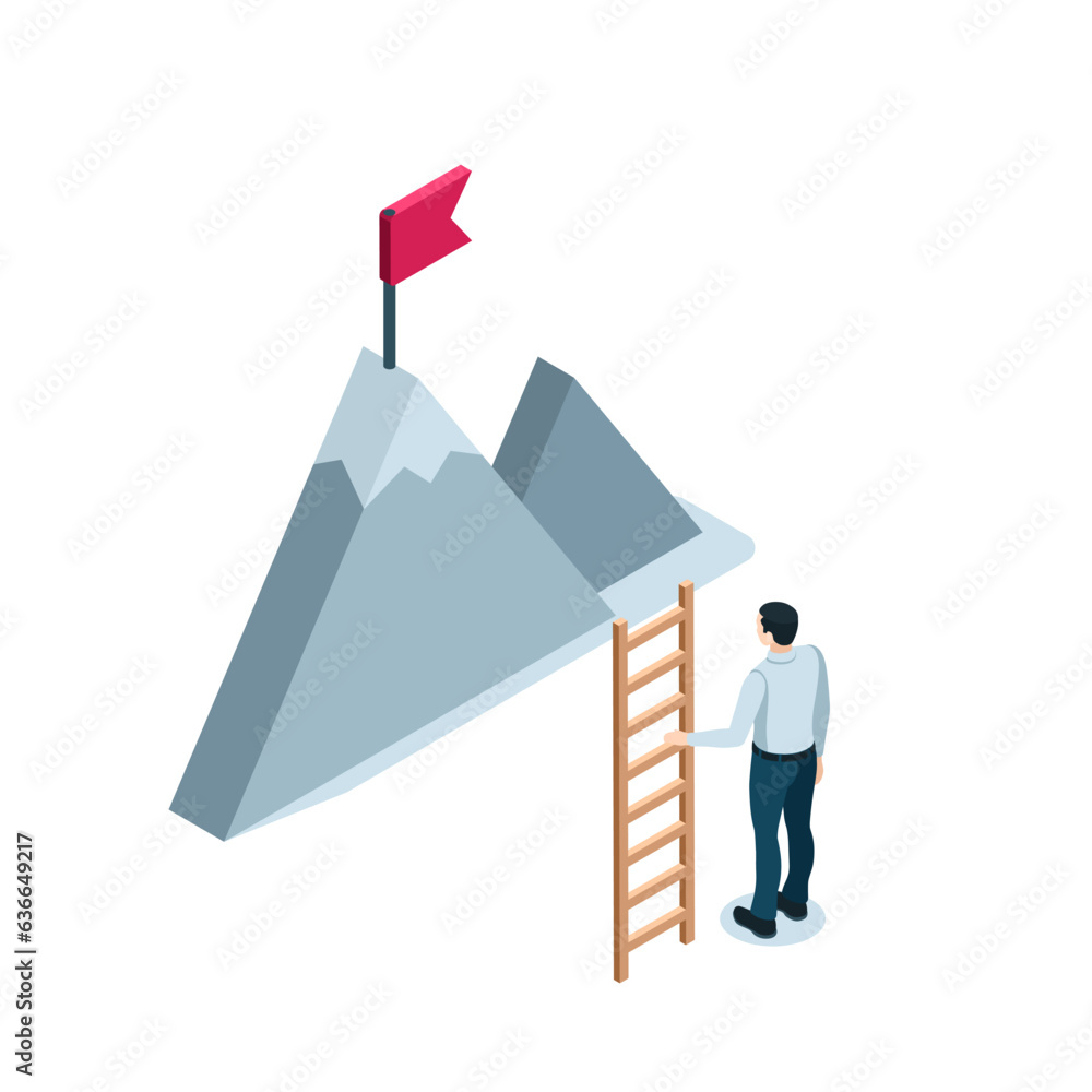 Aufkleber isometric man with a ladder stands in front of the top of the mountain with a flag in color on a whi