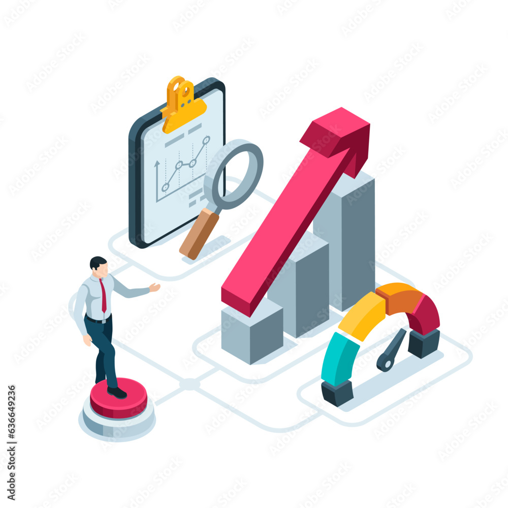 Poster isometric man presses a button near a chart with a growing arrow and a tablet with a magnifying glas