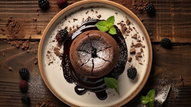 Chocolate lava cake garnished with mint leaves on a rustic wooden table