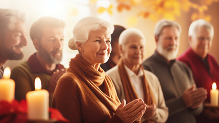 Obraz premium Seniors Engaged in a Heartfelt Thanksgiving Prayer, happy seniors celebrating Thanksgiving, wide banner with copy space area Generative AI