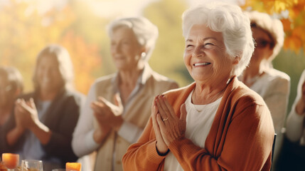Seniors Engaged in a Heartfelt Thanksgiving Prayer, happy seniors celebrating Thanksgiving, wide banner with copy space area Generative AI