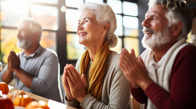 Seniors Engaged in a Heartfelt Thanksgiving Prayer, happy seniors celebrating Thanksgiving, wide banner with copy space area Generative AI
