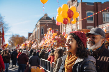 dynamic shot of people watching or participating in a local Thanksgiving parade, capturing the excitement and community spirit of the day 
