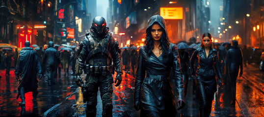 New model army walking in a dark metropolis; only black lether  clothes; scary city future; panorama; wallpaper; security by humanuid robots, generative ai