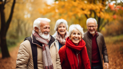 Group of Seniors Taking a Walk Amidst Fall Foliage, Celebrating the Season, happy seniors celebrating Thanksgiving, wide banner with copy space area Generative AI