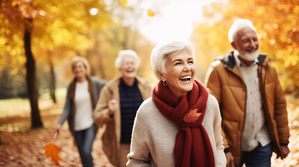 Group of Seniors Taking a Walk Amidst Fall Foliage, Celebrating the Season, happy seniors celebrating Thanksgiving, wide banner with copy space area Generative AI